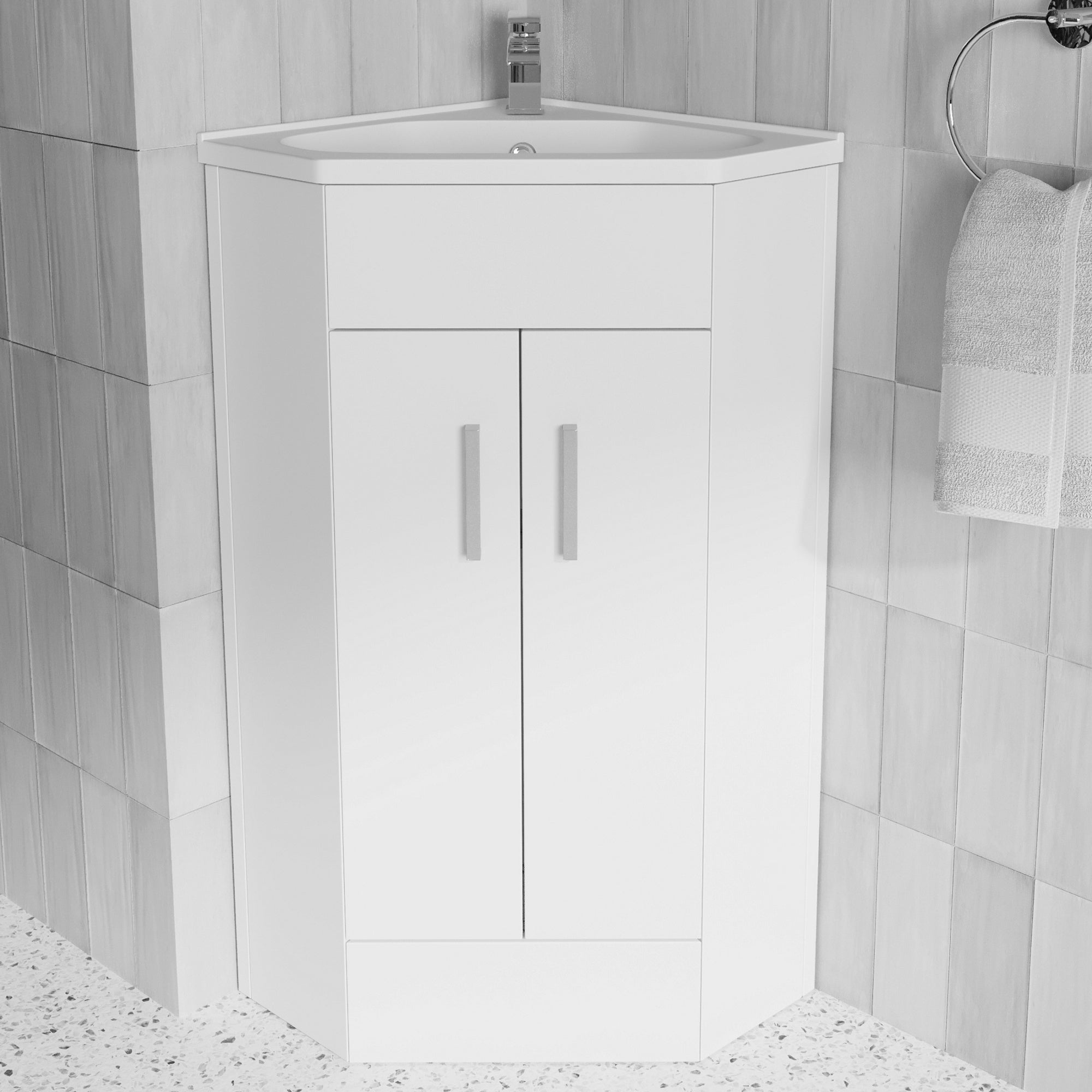 FNX Bathrooms Compact Gloss White Corner Cloakroom Vanity Unit with Ceramic Basin & Soft-Close Double Doors