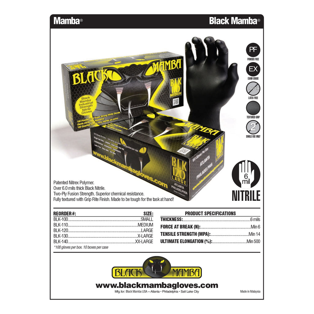 Mam Workshop 6mil Thick Heavy-Duty Black Nitrile Disposable Gloves - Large, Pack of 100