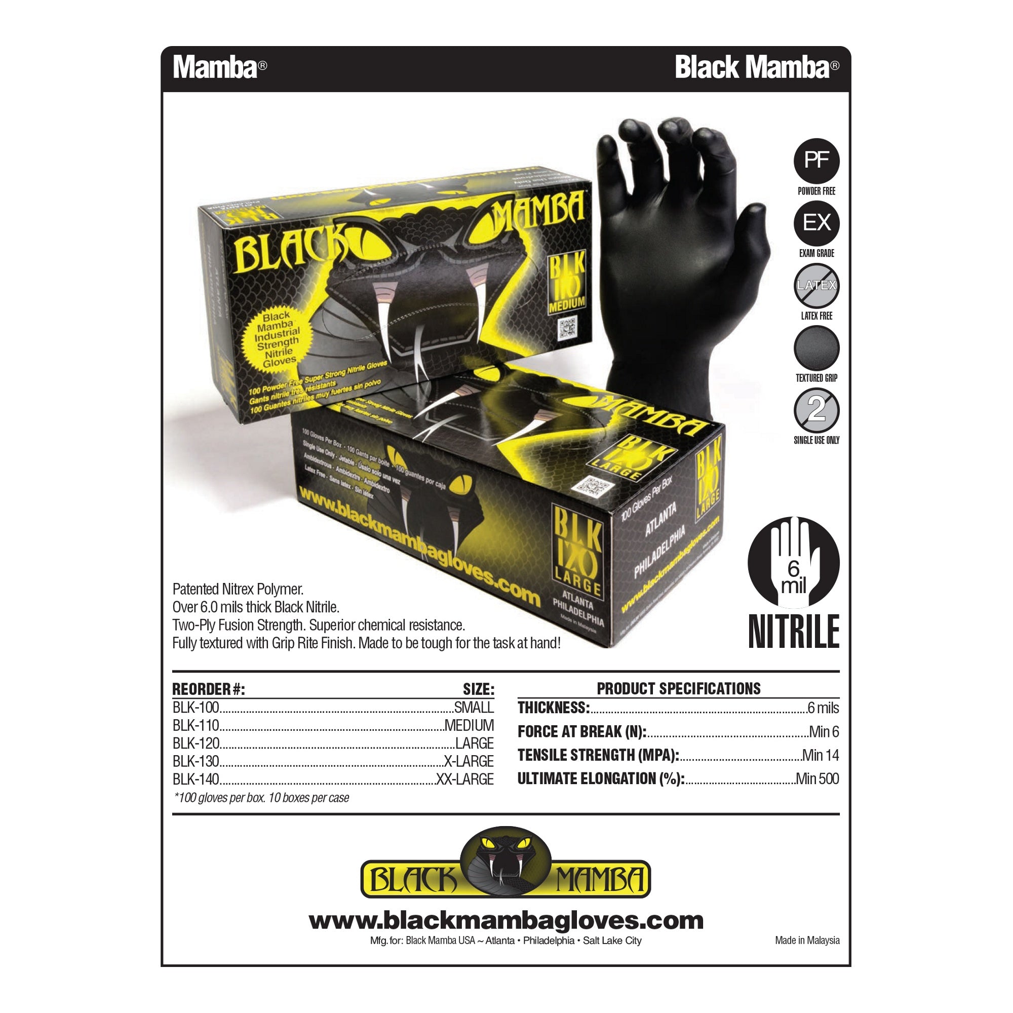 Black Mam Workshop 6mil Nitrile Disposable Gloves X-Large, Box of 100 - Heavy-Duty Chemical & Puncture Resistant