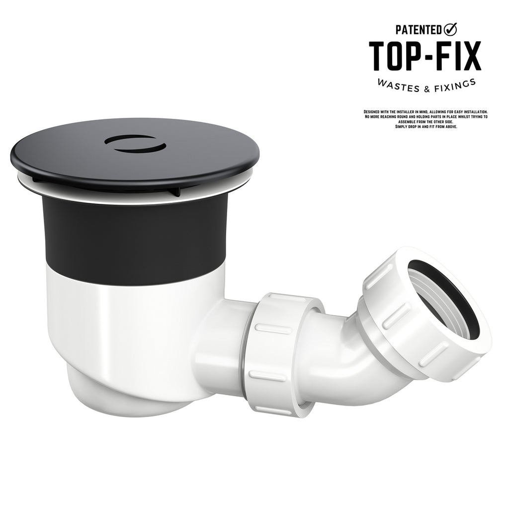 Matt Black 90mm Shower Waste with Patented Top Fix & Fast Flow for Easy DIY Installation