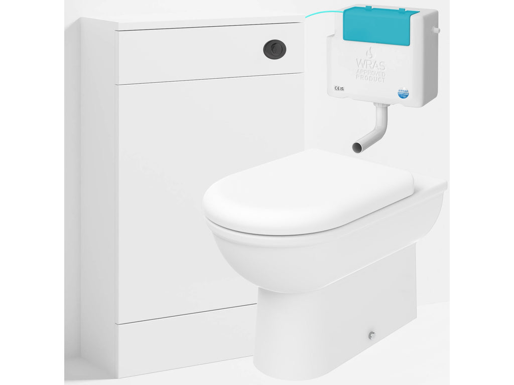 Bubly Bathrooms™ D Shape Back to Wall Toilet with 500mm WC Unit & Side-Entry Concealed Cistern - Black Oval Button