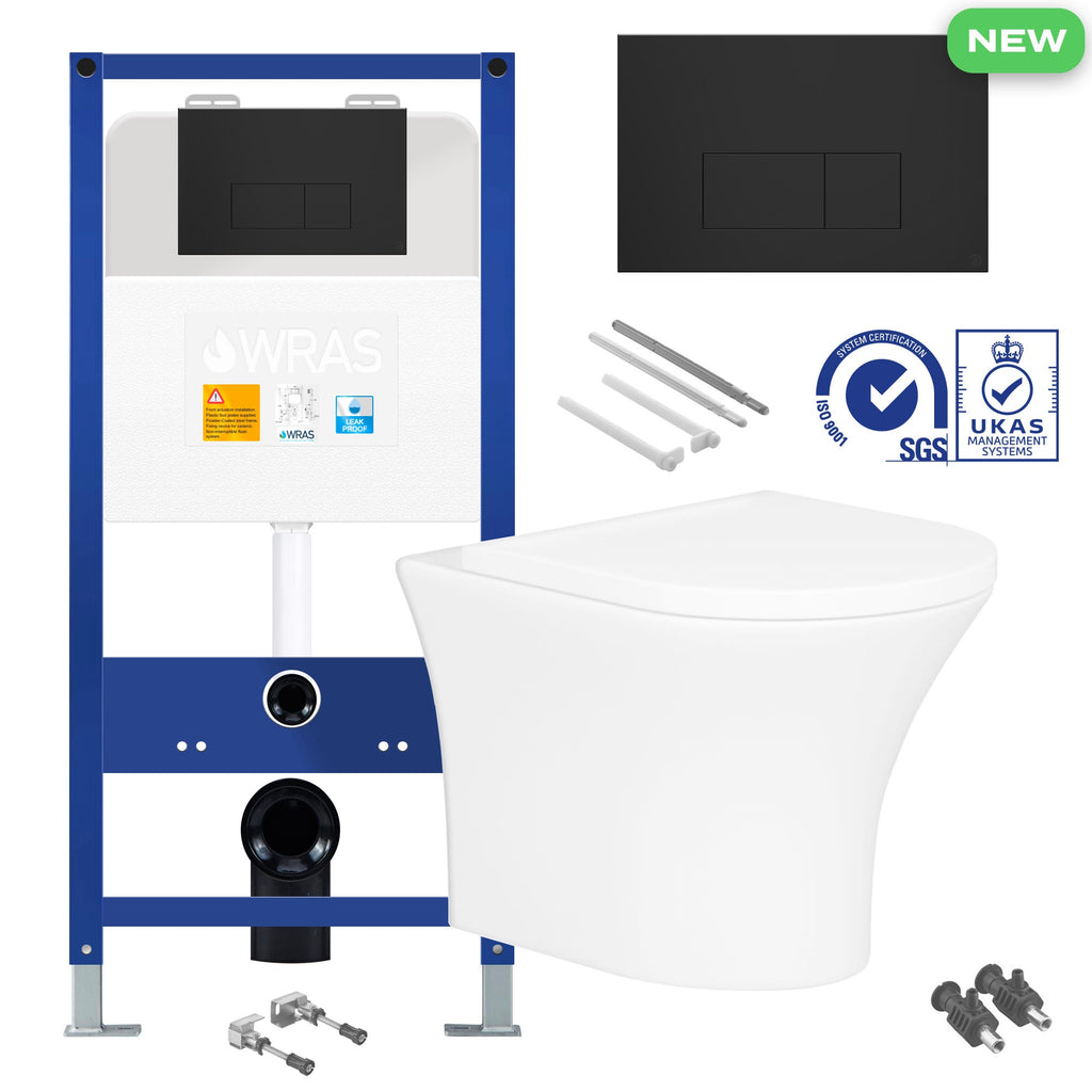 Rimless Wall Hung Toilet Pan with Concealed Cistern Fame - Matt Black Flush Plate