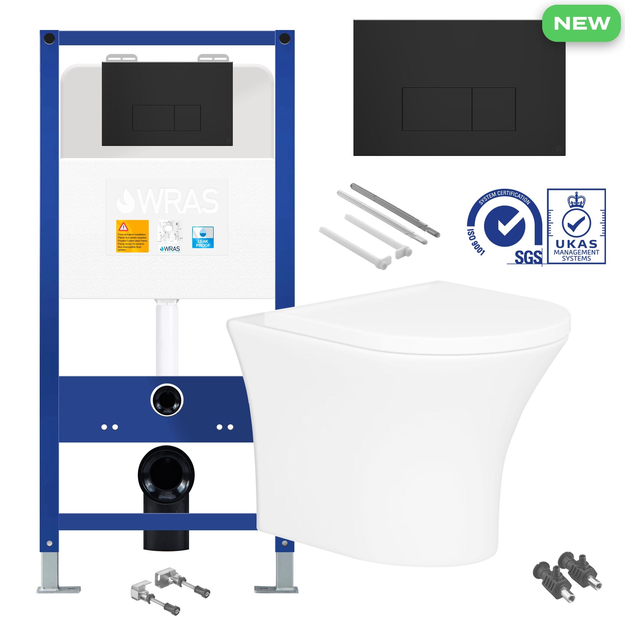 Rimless Wall Hung Toilet Pan with Concealed Cistern Fame - Matt Black Flush Plate