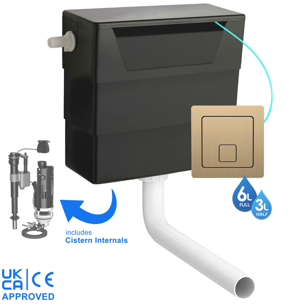 Universal Side Entry Concealed Toilet Cistern with WC Dual Flush Brushed Brass Square Button - Includes Internals & Pipe
