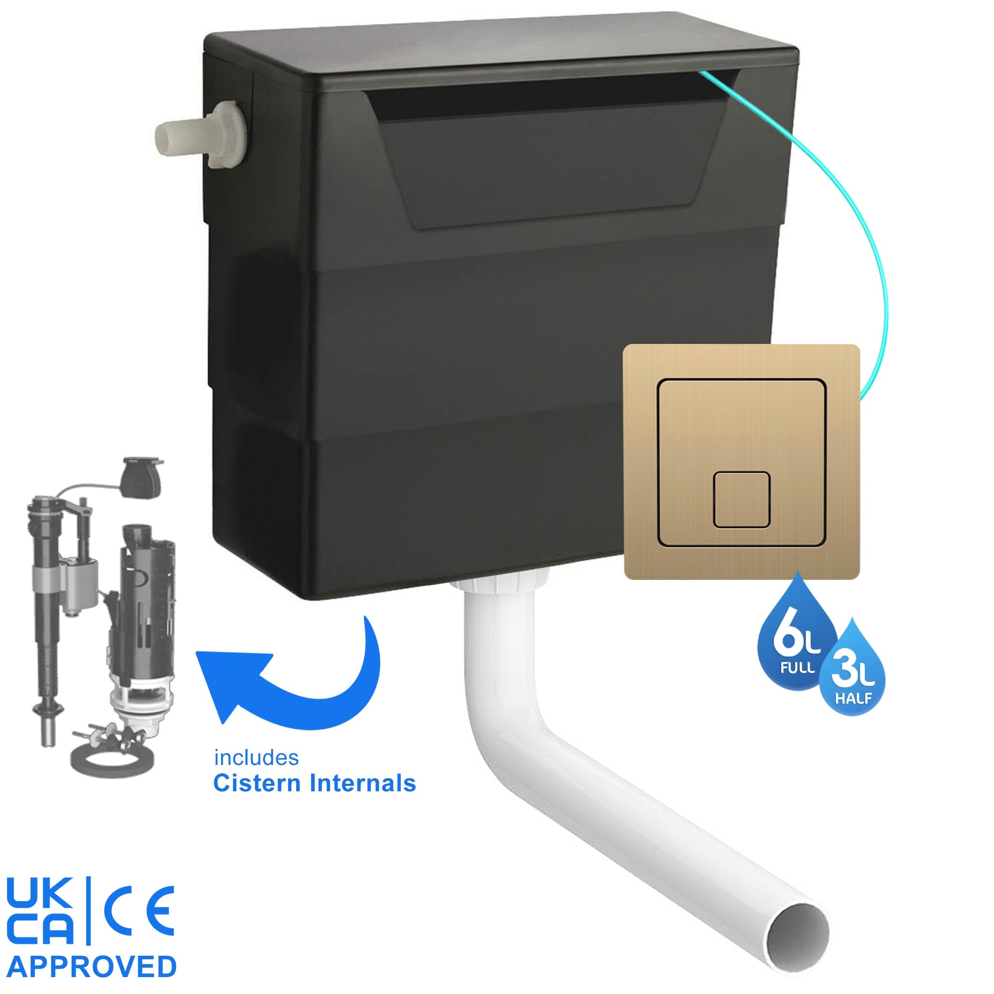 Universal Side Entry Concealed Toilet Cistern with WC Dual Flush Brushed Brass Square Button - Includes Internals & Pipe