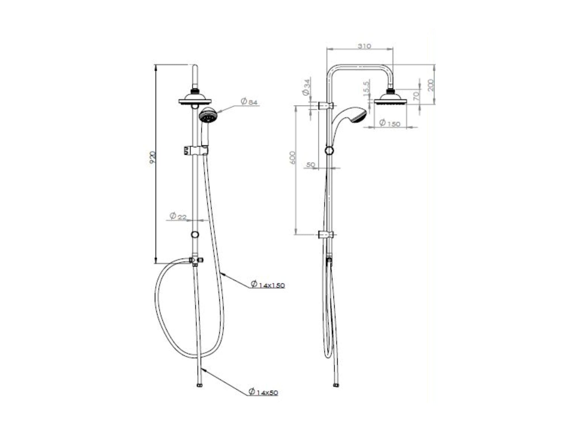 Bubly Bathrooms™ Adjustable Shower Kit with 3 Way Diverter - Fixed Over Head and Handset