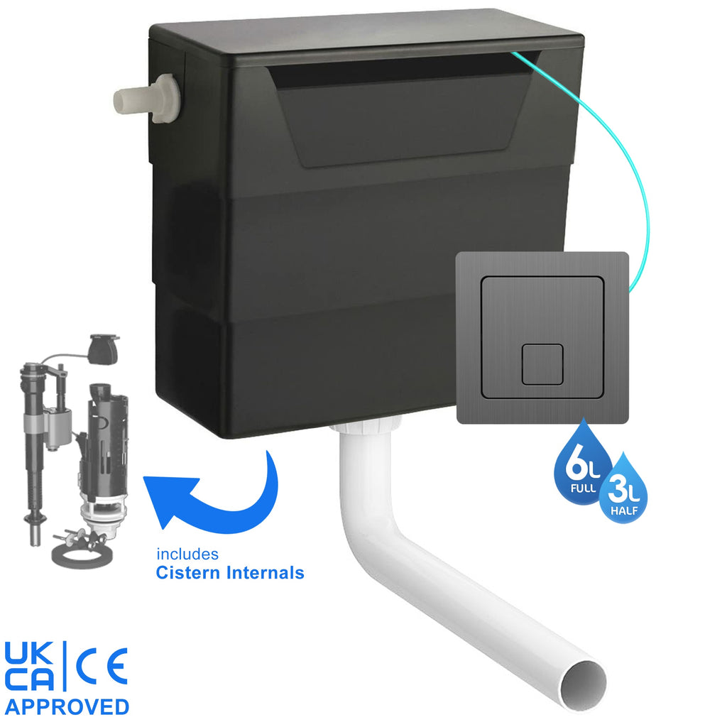 Universal Side Entry Concealed Toilet Cistern with WC Dual Flush Gunmetal Square Button - Includes Internals & Pipe