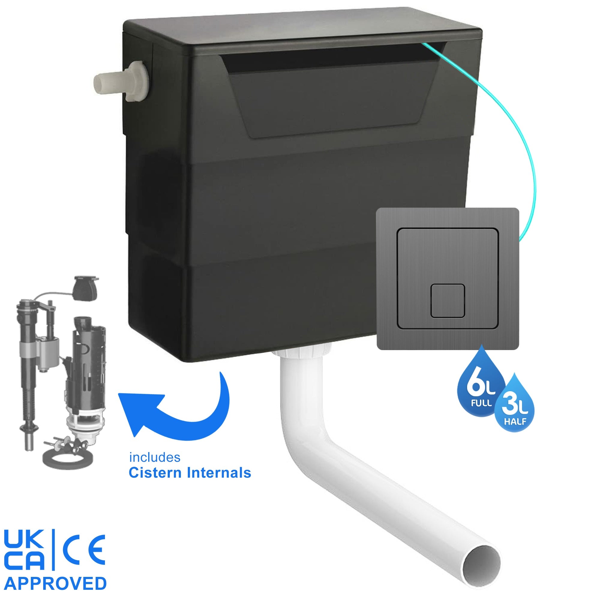 Universal Side Entry Concealed Toilet Cistern with WC Dual Flush Gunmetal Square Button - Includes Internals & Pipe