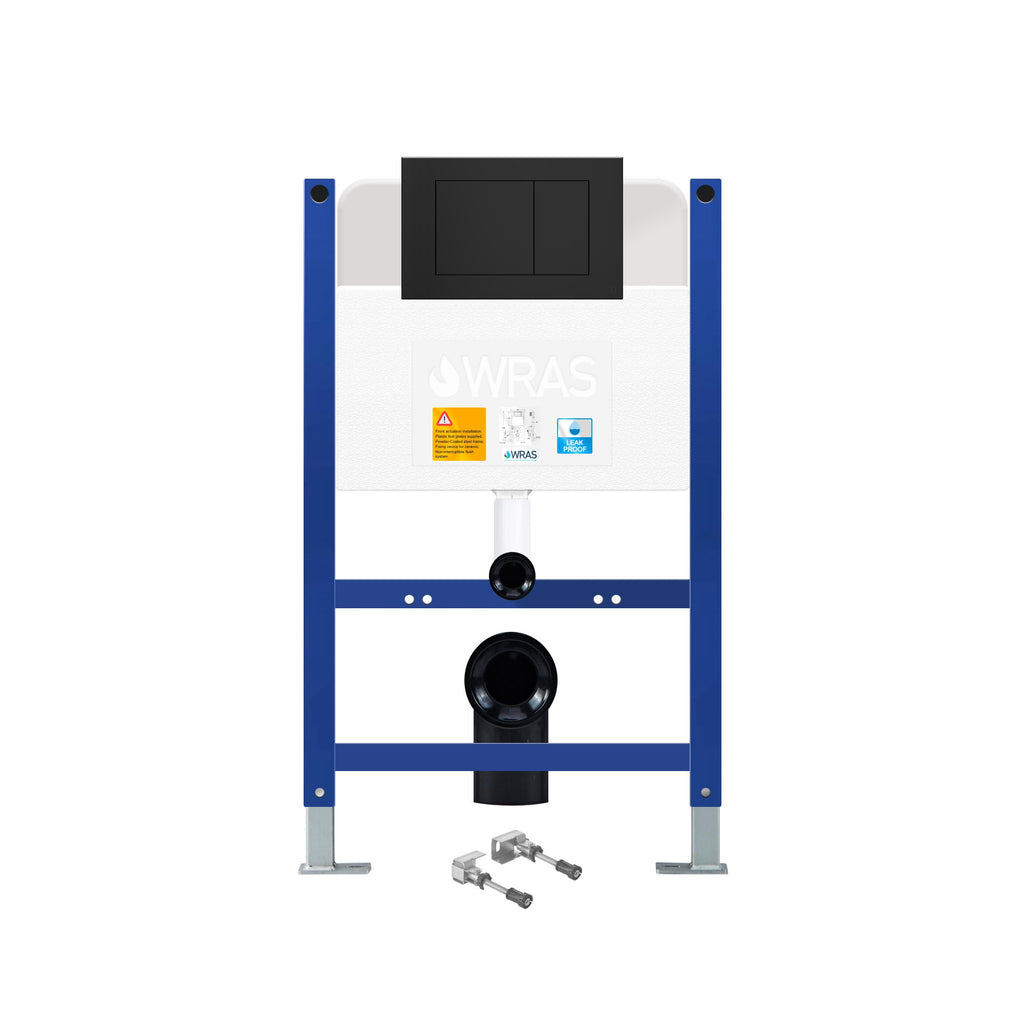 FNX Bathrooms 0.8m Low Height Concealed Wall Hung Toilet Cistern Frame with Matt Black Dual Flush Plate - WRAS Approved