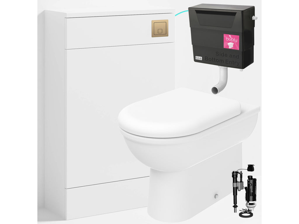 Bubly Bathrooms™ D Shape Back to Wall Toilet with 500mm WC Unit & Universal Concealed Cistern - Brushed Brass Square Button