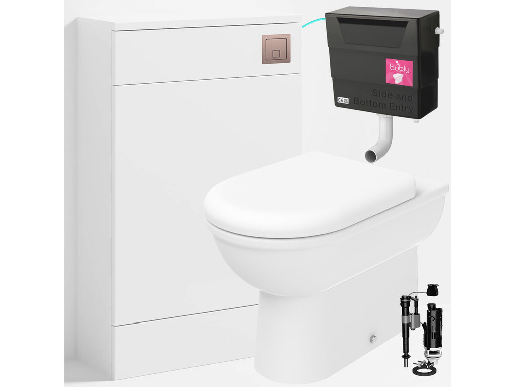 Bubly Bathrooms™ D Shape Back to Wall Toilet with 500mm WC Unit & Universal Concealed Cistern - Brushed Bronze Square Button
