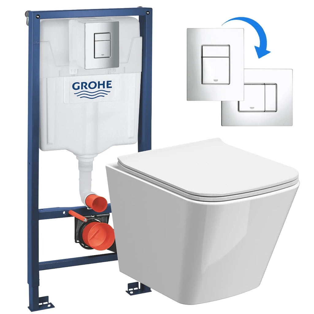 Grohe & Bubly Bathrooms Wall Hung Rimless Toilet Set with Concealed Cistern & Soft-Close Seat