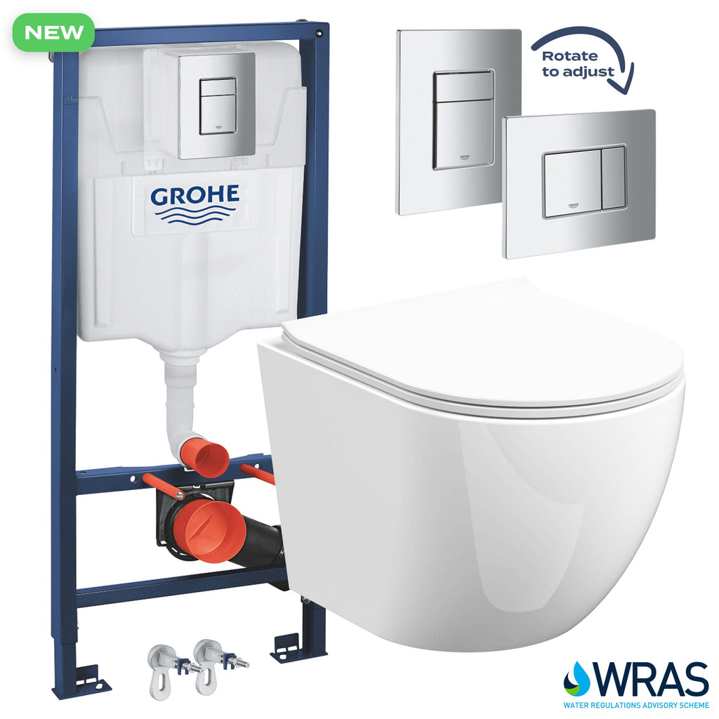 Grohe 1.13m Concealed Cistern & Bubly D-Shape Rimless Wall Hung Toilet with Soft Close Seat