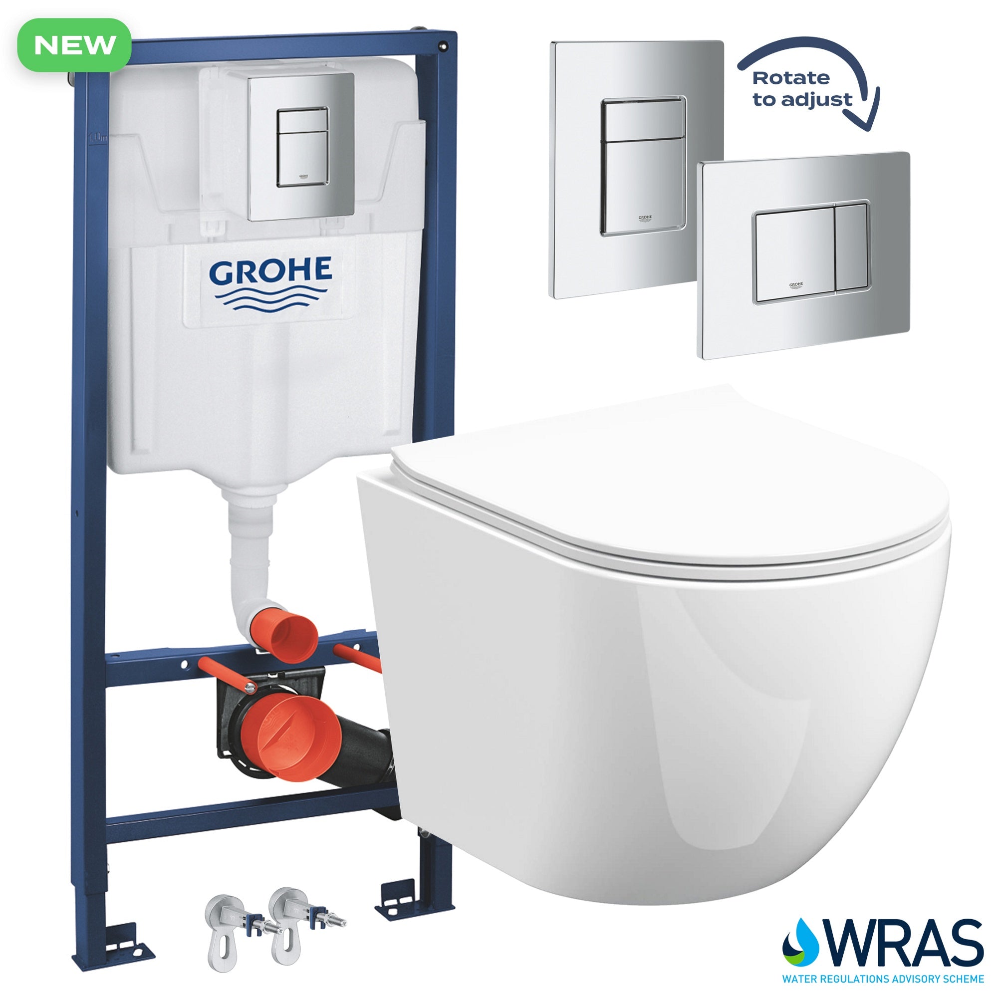 Grohe 1.13m Concealed Cistern & Bubly D-Shape Rimless Wall Hung Toilet with Soft Close Seat