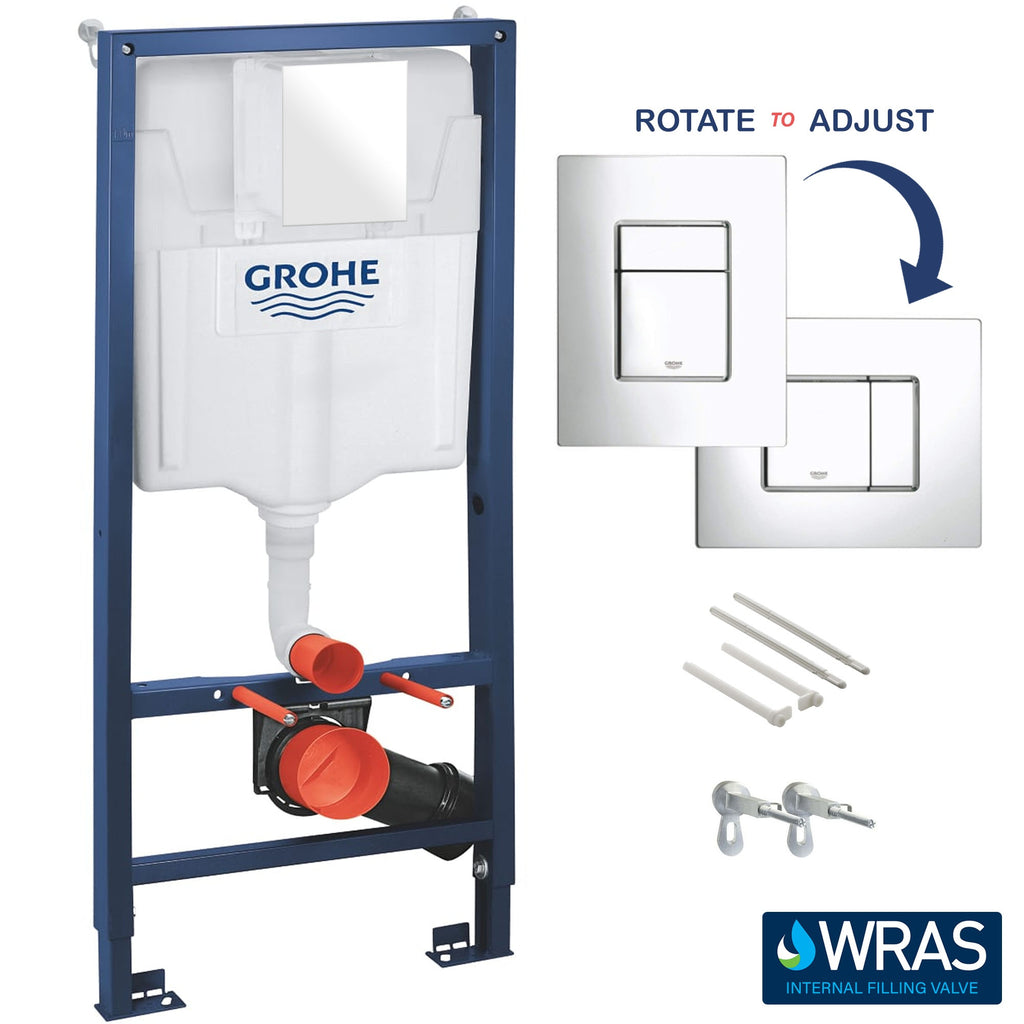 Grohe 1.13m Concealed Cistern & Bubly D-Shape Rimless Wall Hung Toilet with Soft Close Seat