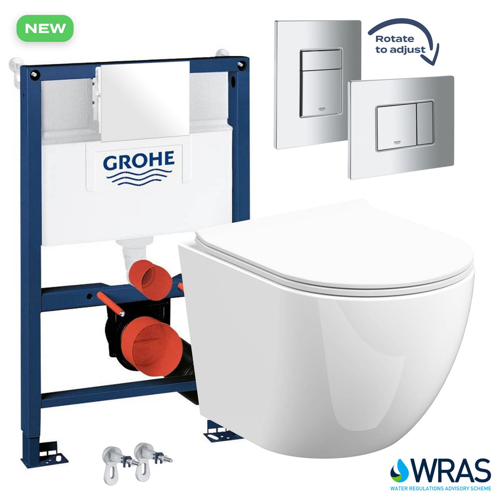 Grohe 0.82m Low Height Concealed Frame & Bubly Rimless D-Shape Wall Hung Toilet Set with Soft Close Seat