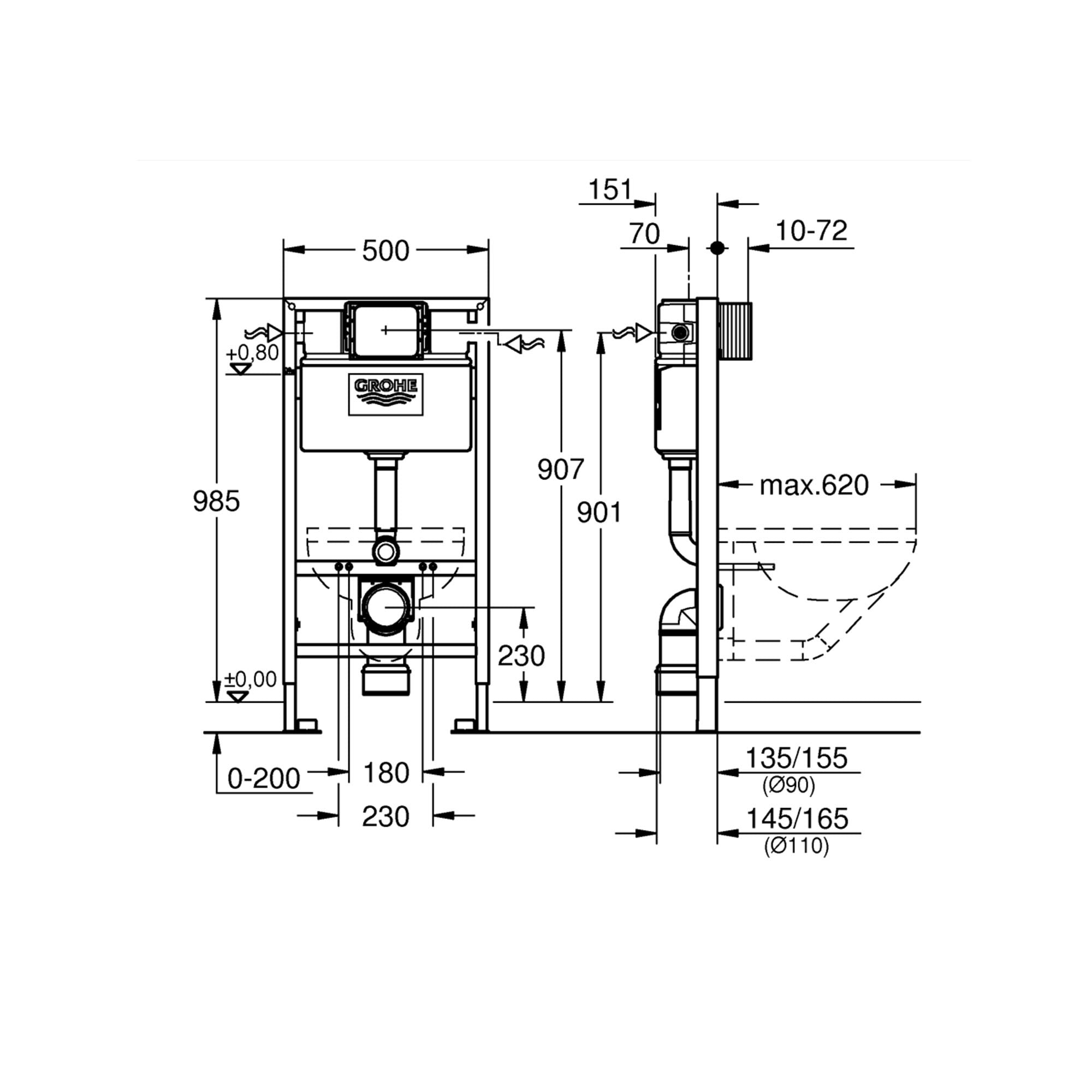 Grohe 0.82m Low Height Concealed Frame & Bubly Rimless D-Shape Wall Hung Toilet Set with Soft Close Seat