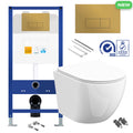 Rimless Wall Hung Toilet Pan with Concealed Cistern Fame - Brushed Brass Gold Flush Plate