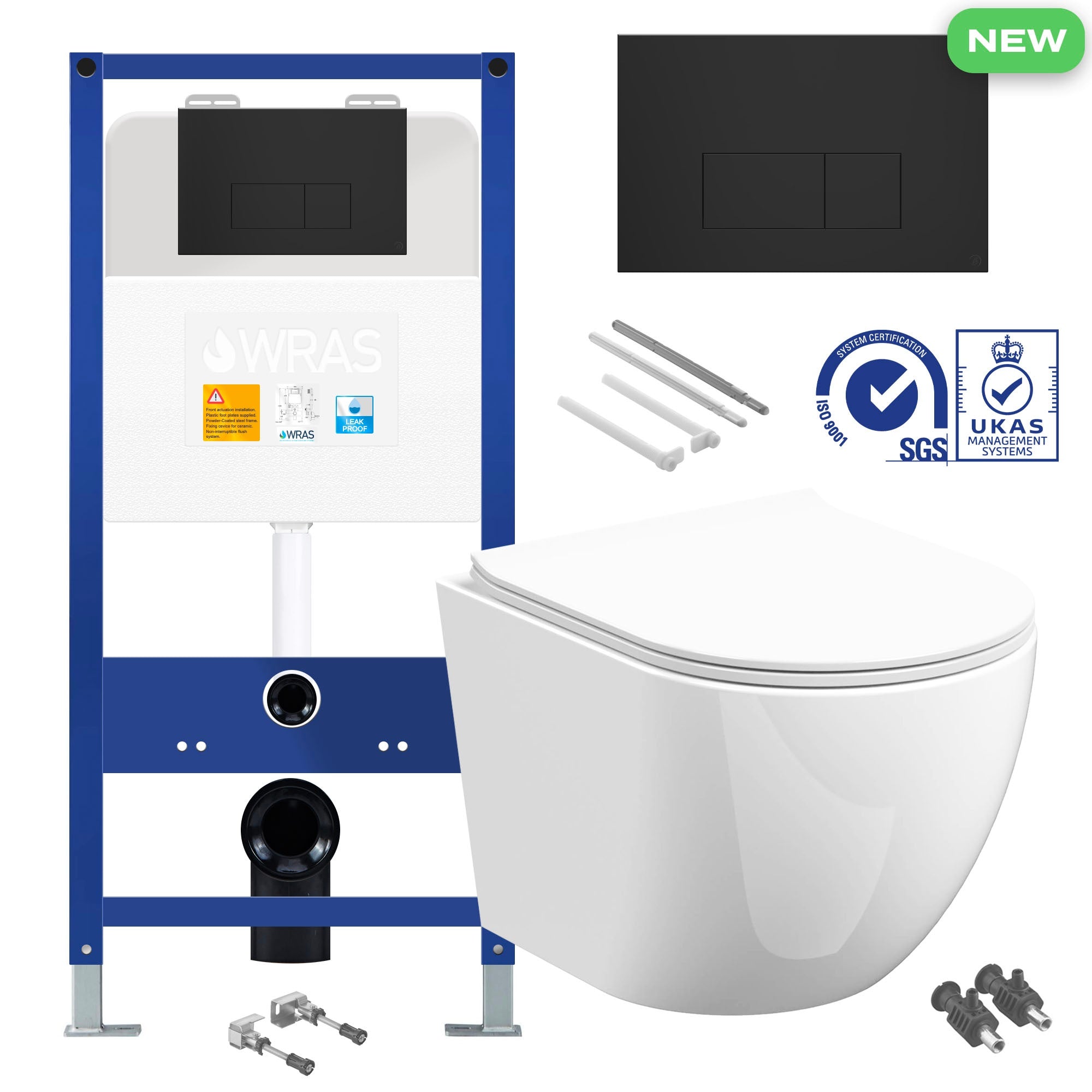 Rimless Wall Hung Toilet Pan with Concealed Cistern Fame - Matt Black Flush Plate