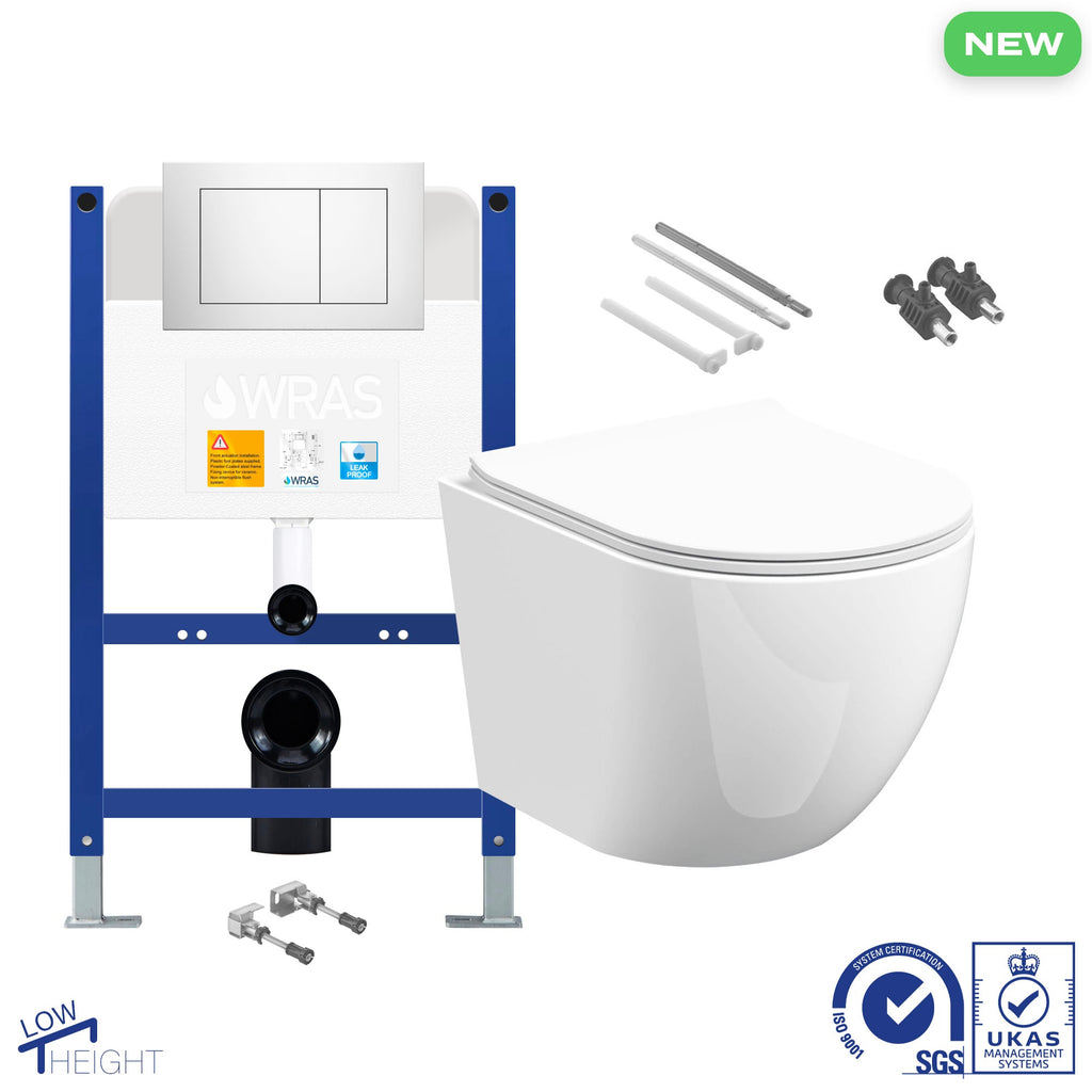 Bubly Bathrooms D-Shape Rimless Wall-Hung Toilet & Low Height Concealed Cistern Frame with Chrome Plate