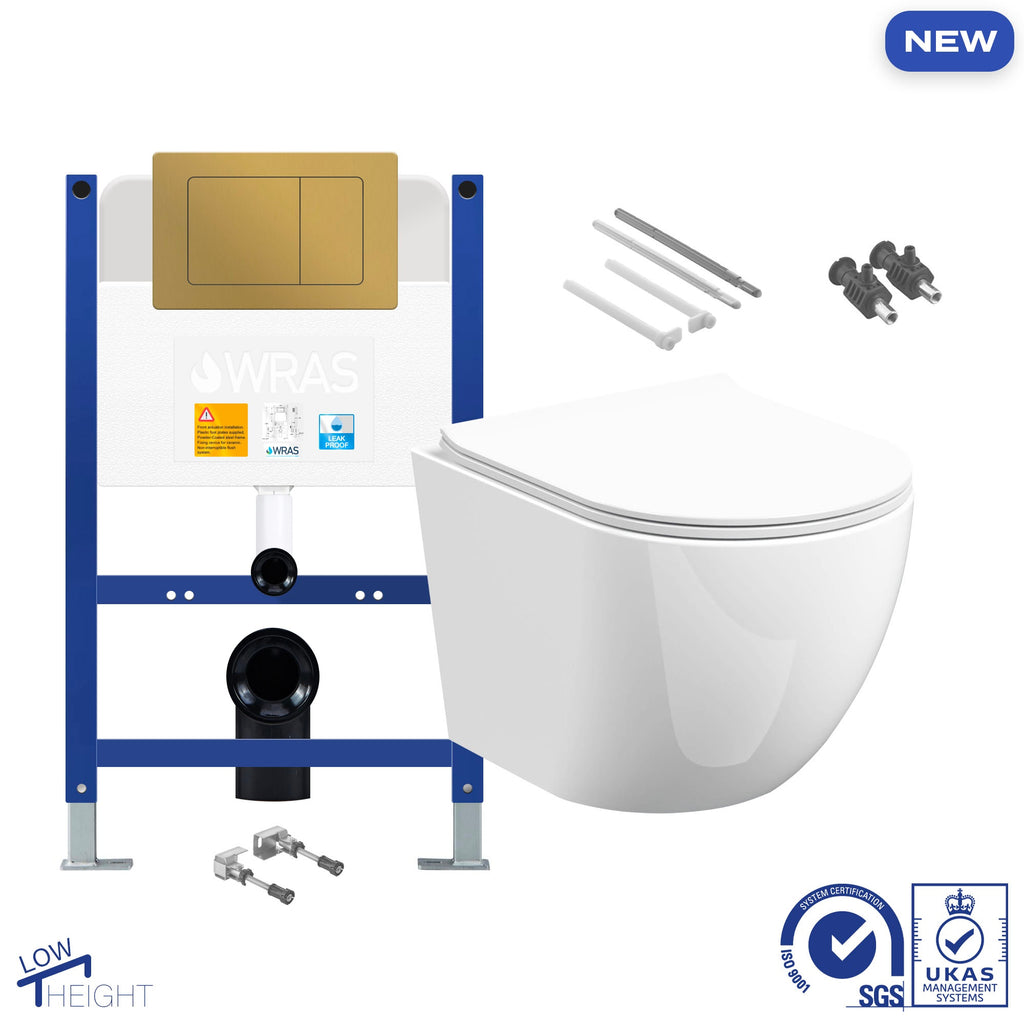 Bubly Bathrooms D-Shape Rimless Wall Hung Toilet Set with Low Height Cistern & Matt Gold Flush Plate
