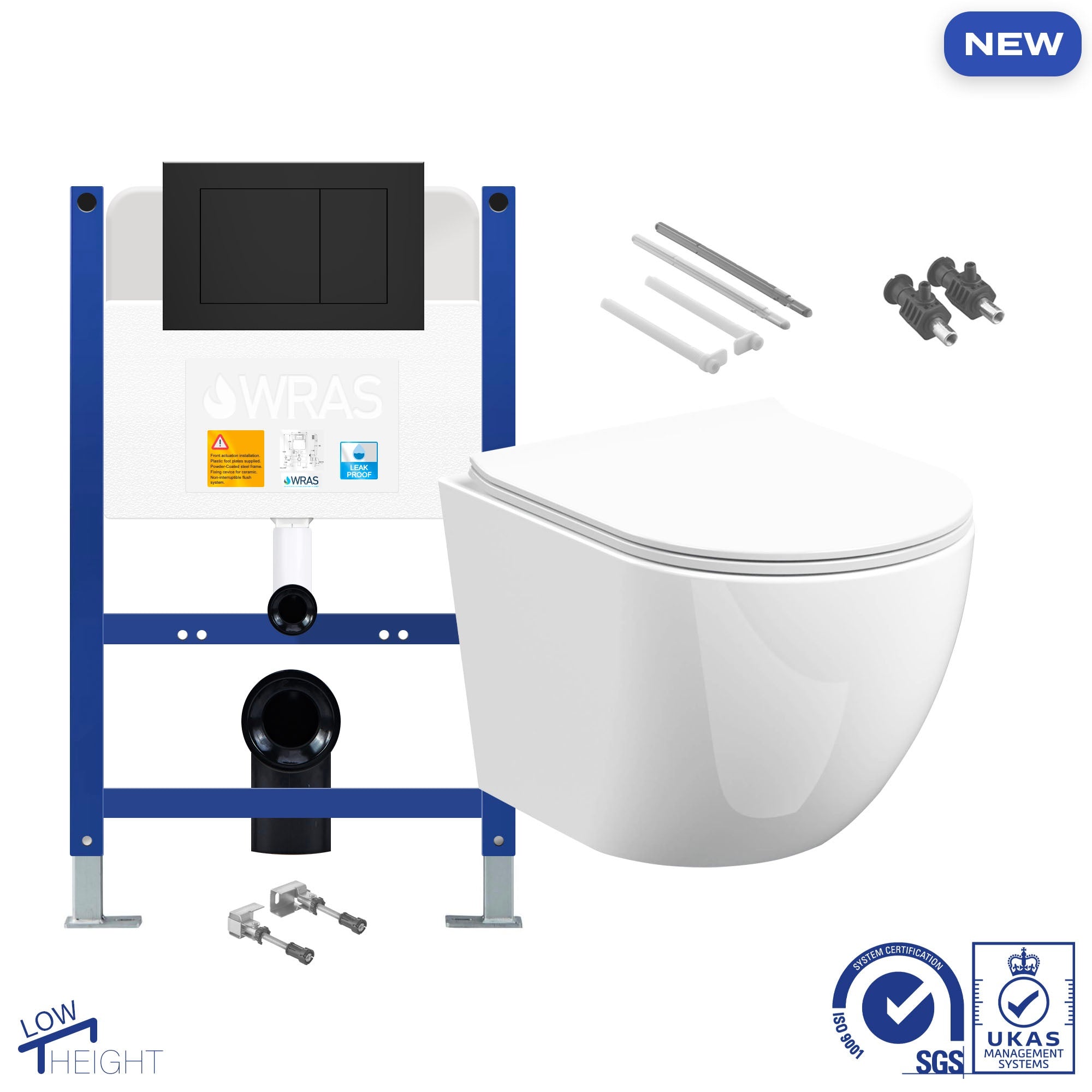 Bubly D-Shape Rimless Wall-Hung Toilet Set with Low-Height Concealed Cistern & Soft-Close Seat - Matt Black Flush Plate