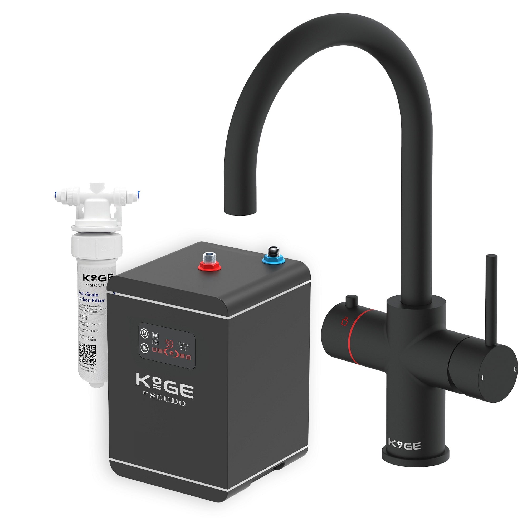 KOGE 98c Boiling Water Tap 3-in-1 Swan Spout Matte Black with Tank and Filter