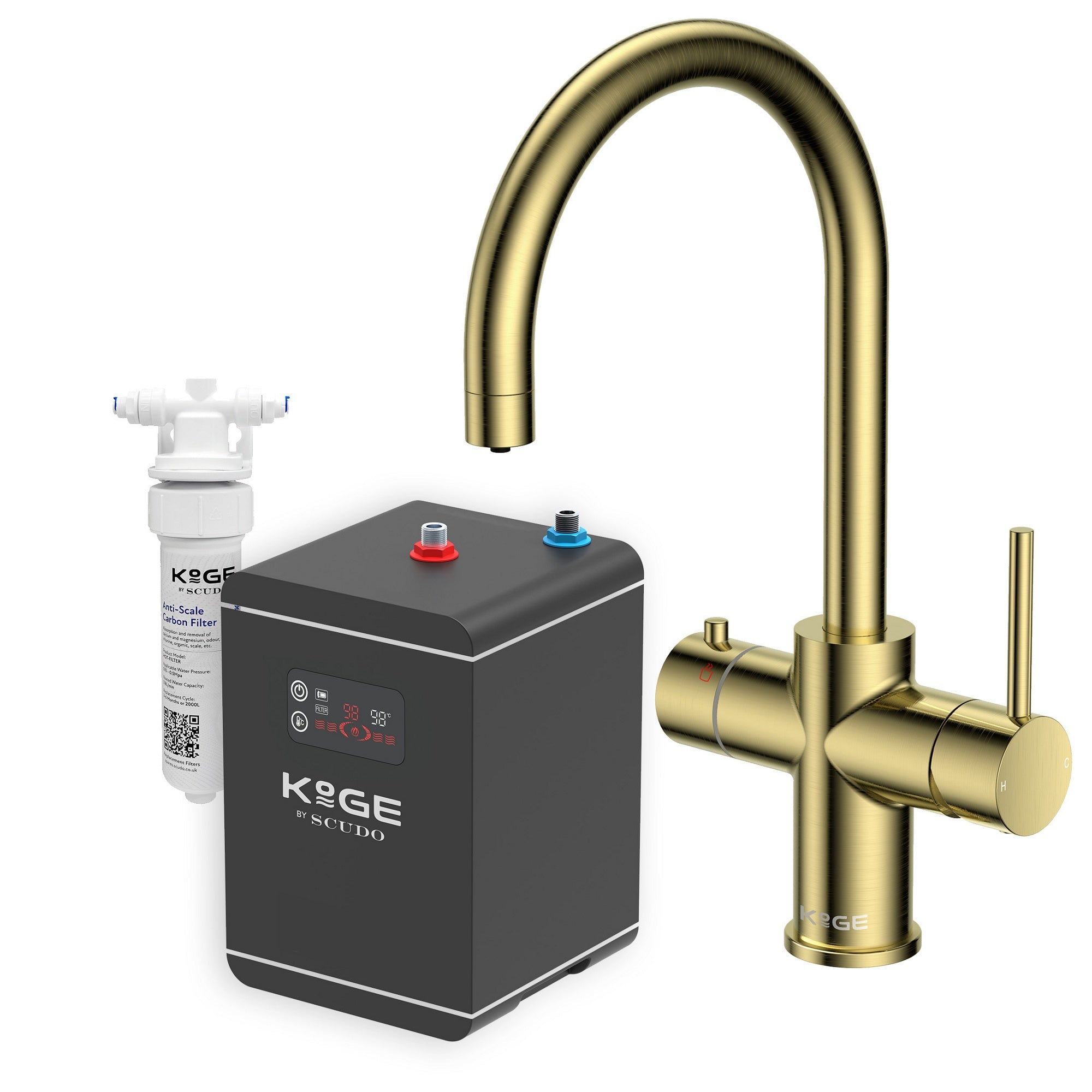 KOGE 98c Boiling Water Tap 3-in-1 Swan Spout Brushed Brass with Tank and Filter