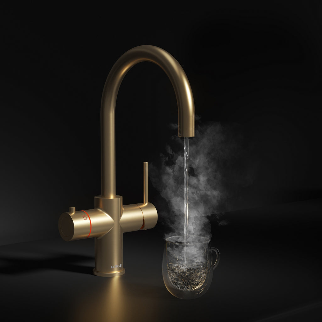 KOGE 98c Boiling Water Tap 3-in-1 Swan Spout Brushed Brass with Tank and Filter