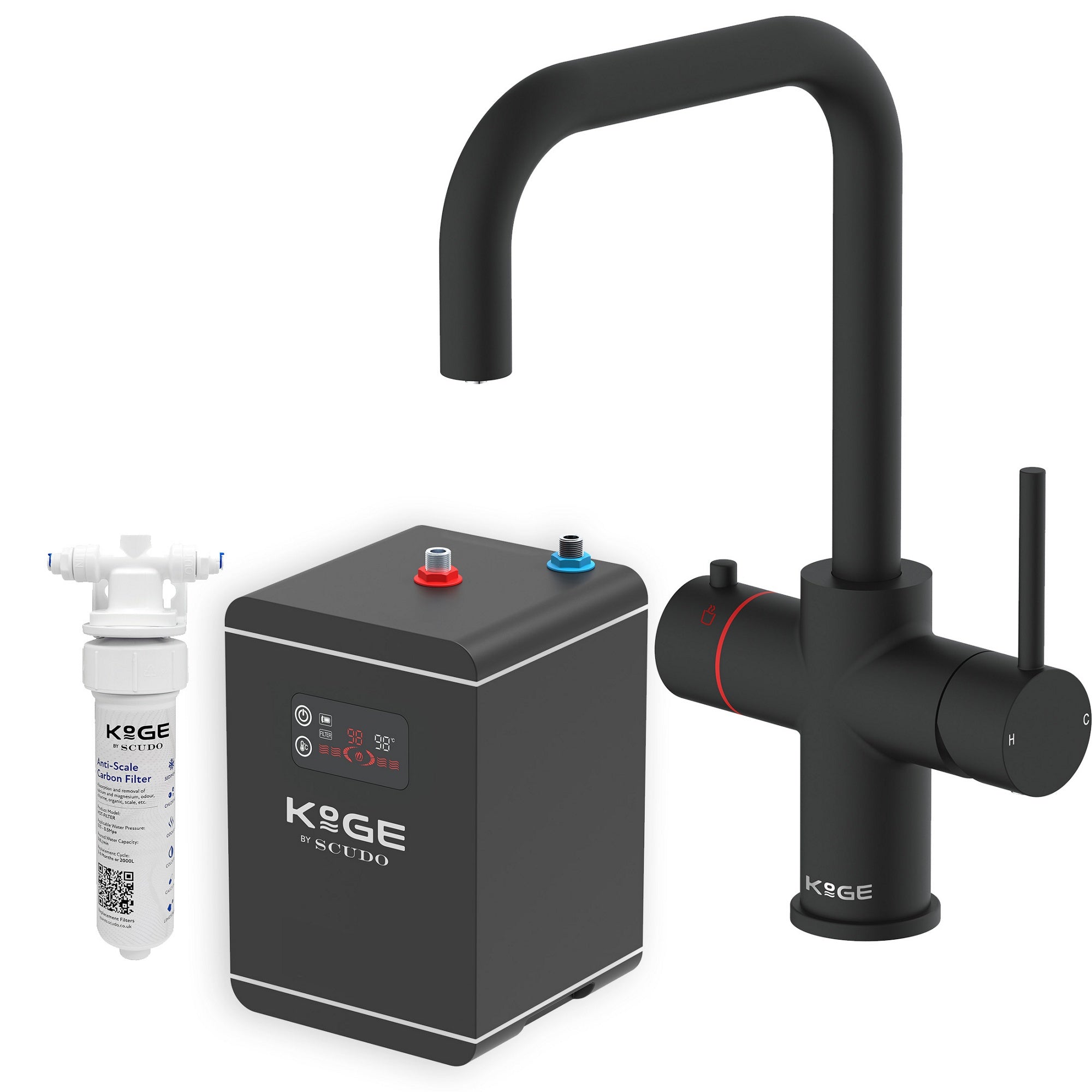KOGE 98c Boiling Water Tap 3-in-1 Square Spout Matte Black with Tank and Filter