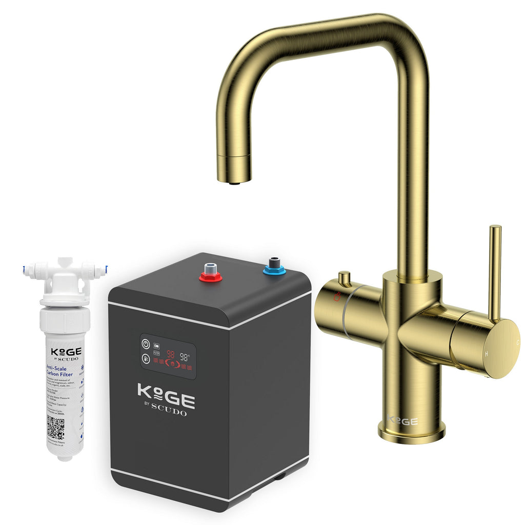 KOGE 98c Boiling Water Tap 3-in-1 Square Spout Brushed Brass with Tank and Filter