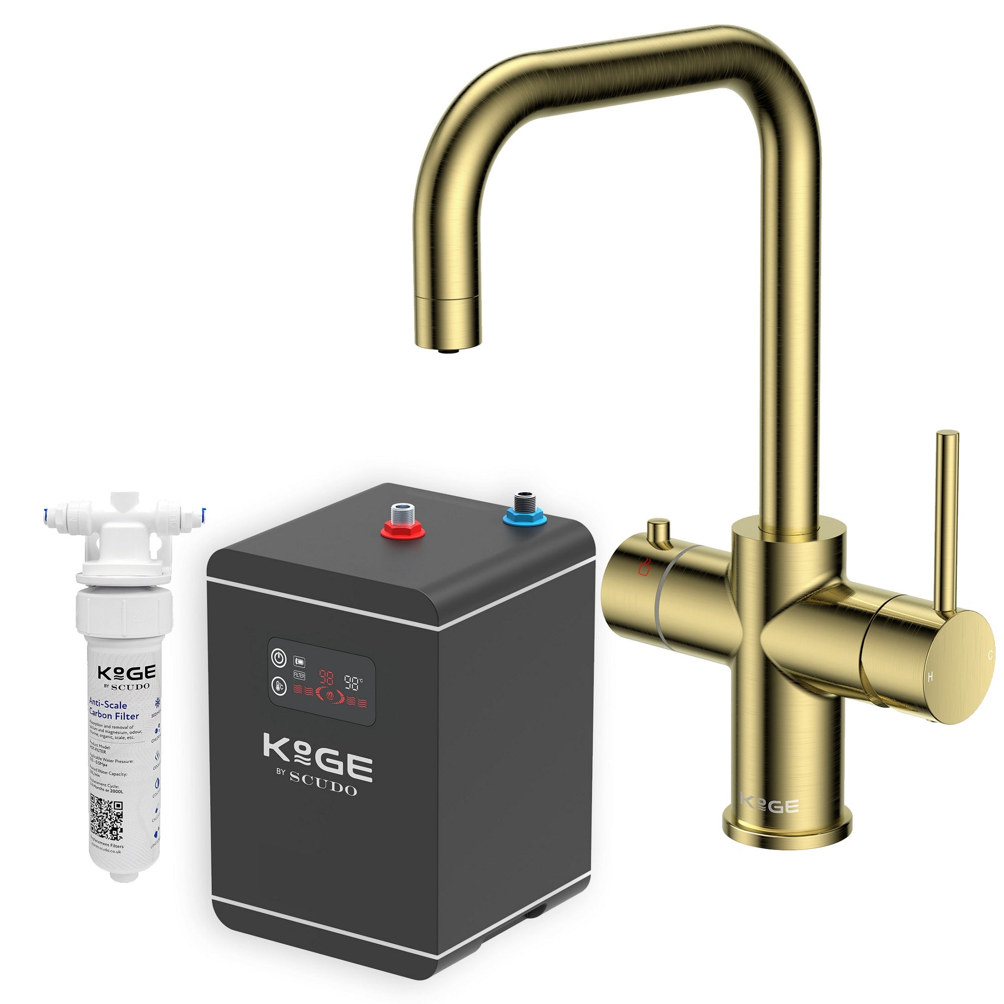 KOGE 98c Boiling Water Tap 3-in-1 Square Spout Brushed Brass with Tank and Filter
