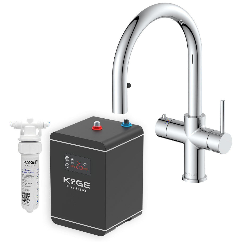 KOGE 98c Boiling, Hot, and Cold Water Tap 4-in-1 Swan Spout with Flexible Pull-Out Hose Chrome with Tank and Filter