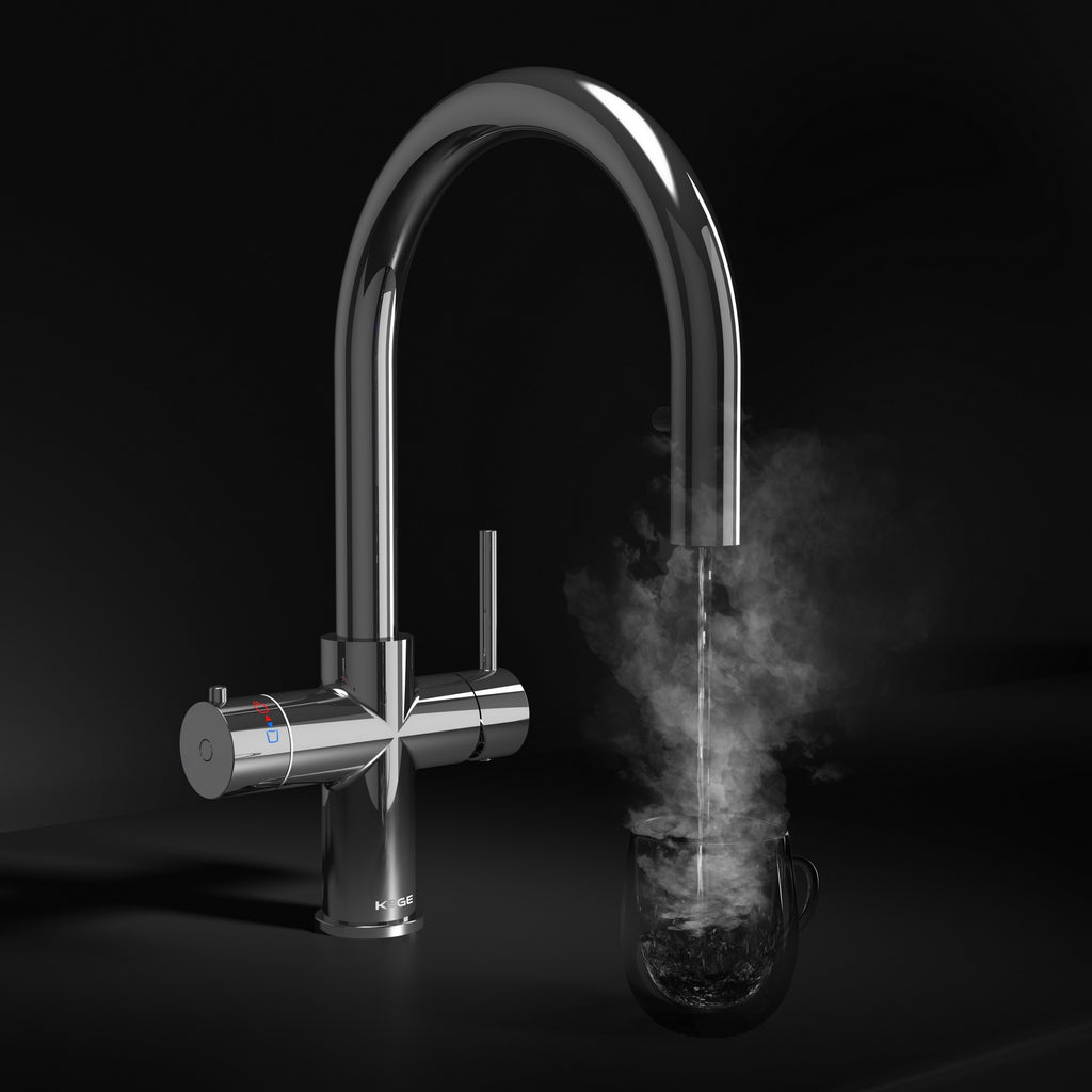 KOGE 98c Boiling, Hot, and Cold Water Tap 4-in-1 Swan Spout with Flexible Pull-Out Hose Chrome with Tank and Filter