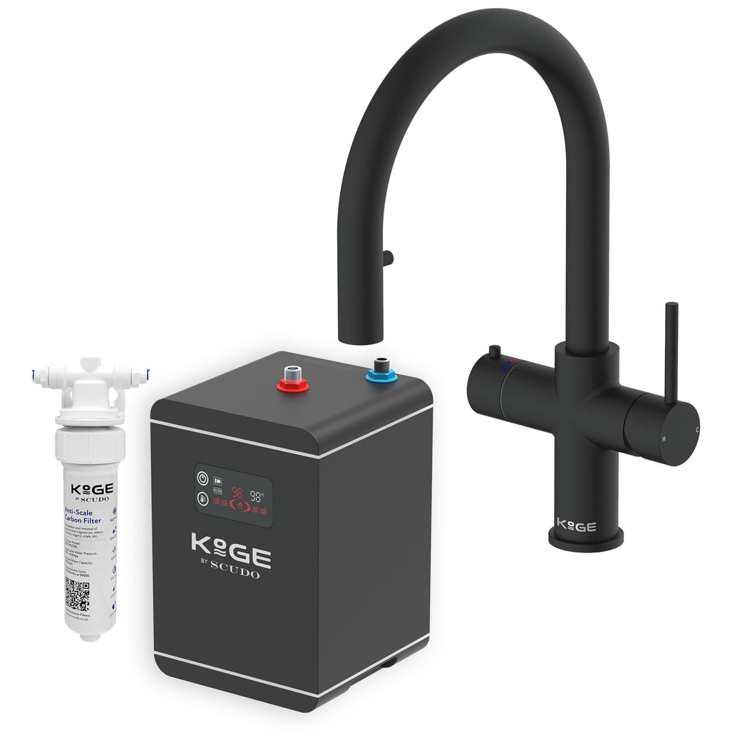 KOGE 98c Boiling, Hot, and Cold Water Tap 4-in-1 Swan Spout with Flexible Pull-Out Hose Matte Black with Tank and Filter