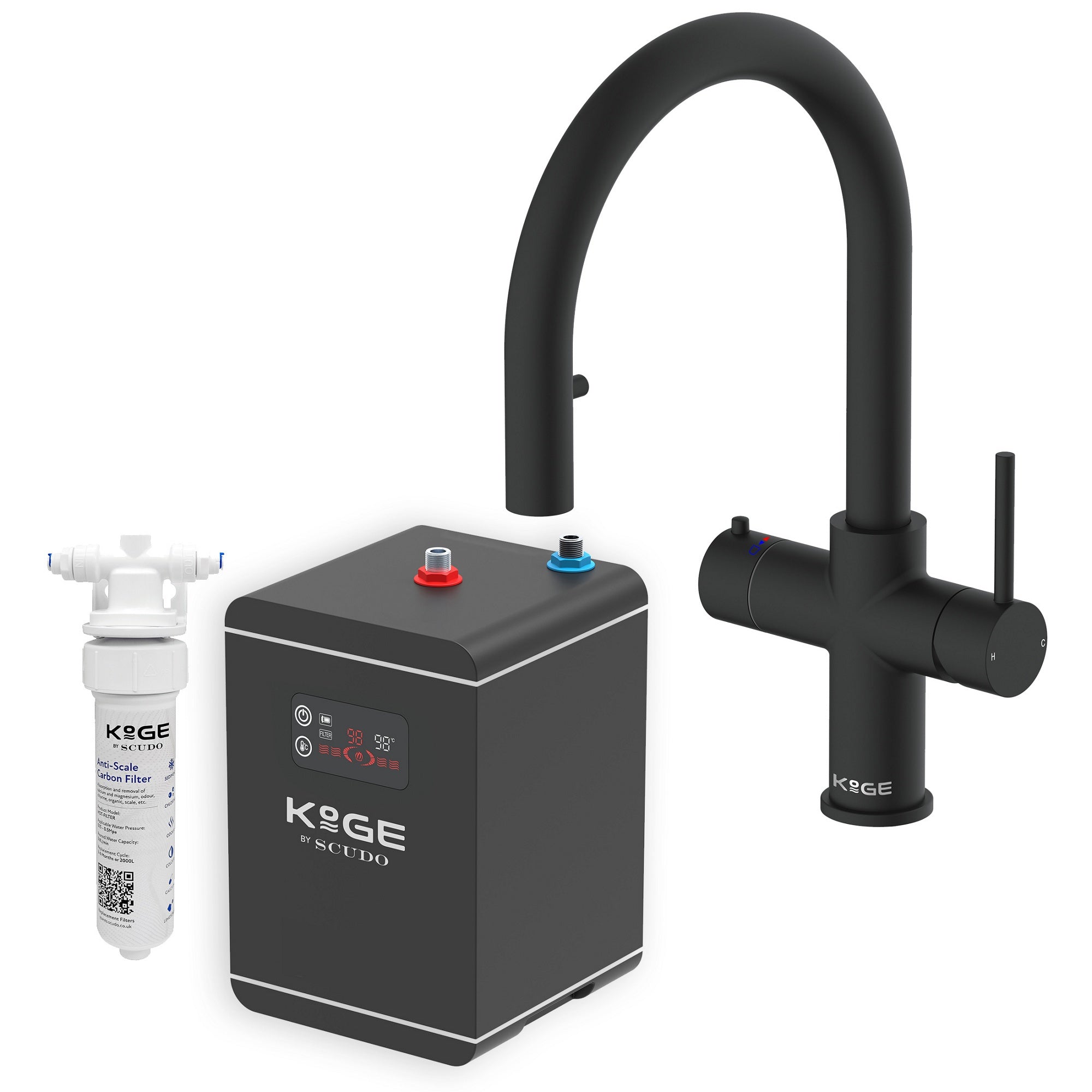 KOGE 98c Boiling, Hot, and Cold Water Tap 4-in-1 Swan Spout with Flexible Pull-Out Hose Matte Black with Tank and Filter