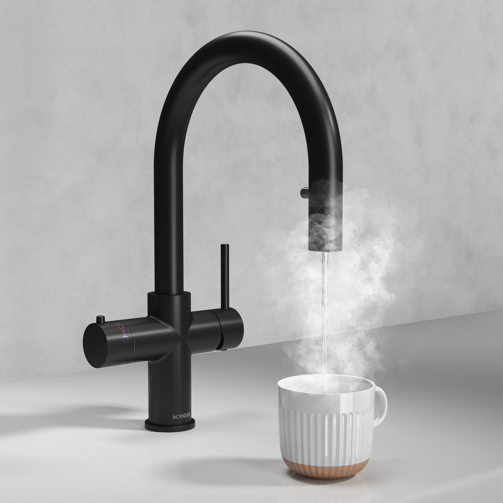 KOGE 98c Boiling, Hot, and Cold Water Tap 4-in-1 Swan Spout with Flexible Pull-Out Hose Matte Black with Tank and Filter