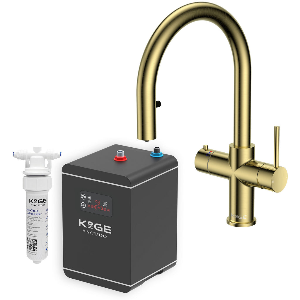 KOGE 98c Boiling, Hot, and Cold Water Tap 4-in-1 Swan Spout with Flexible Pull-Out Hose Brushed Brass with Tank and Filter