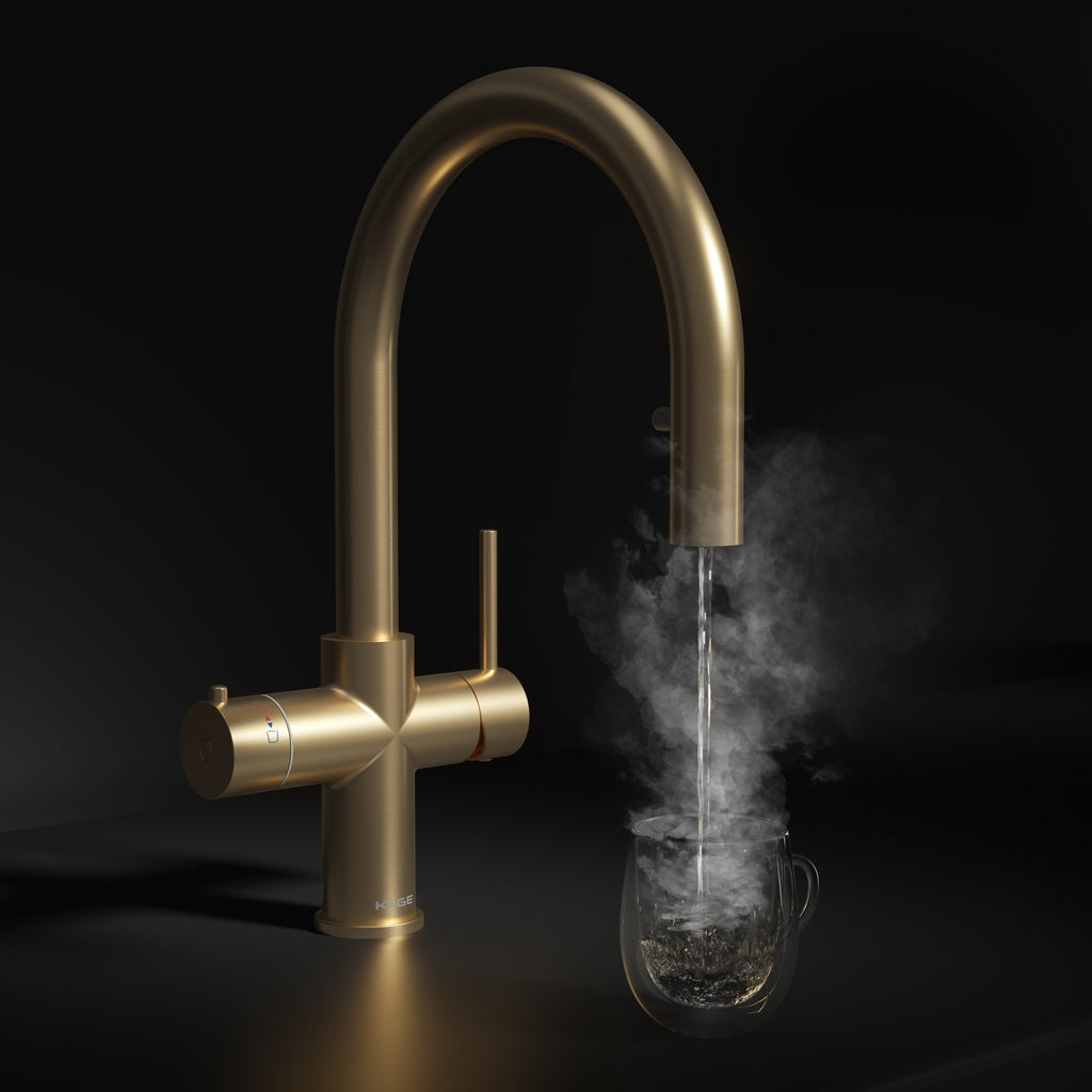 KOGE 98c Boiling, Hot, and Cold Water Tap 4-in-1 Swan Spout with Flexible Pull-Out Hose Brushed Brass with Tank and Filter