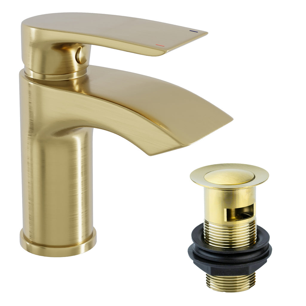 FNX Bathrooms Brushed Brass Waterfall Basin & Bath Filler Tap Pack, Modern, Durable, Easy Fit for DIY