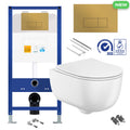 Rimless Wall Hung Toilet Pan with Concealed Cistern Fame - Brushed Brass Gold Flush Plate