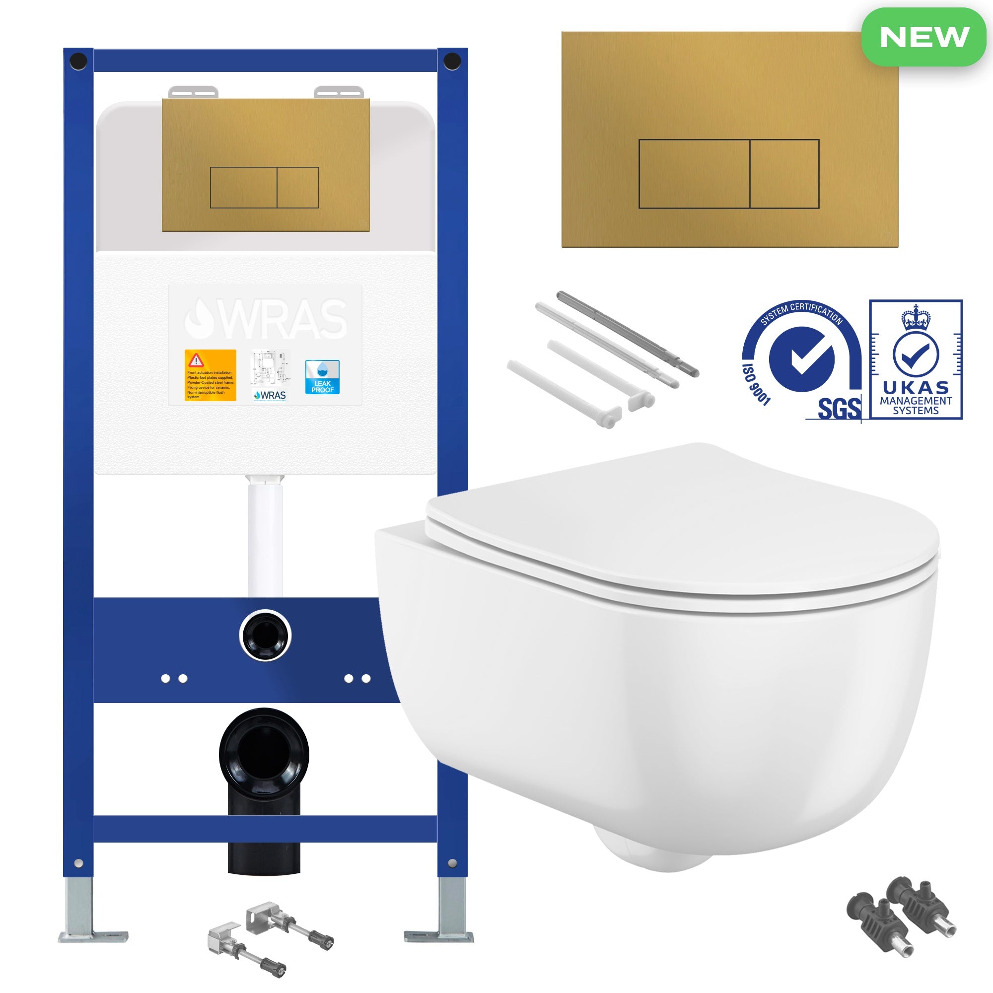 Rimless Wall Hung Toilet Pan with Concealed Cistern Fame - Brushed Brass Gold Flush Plate