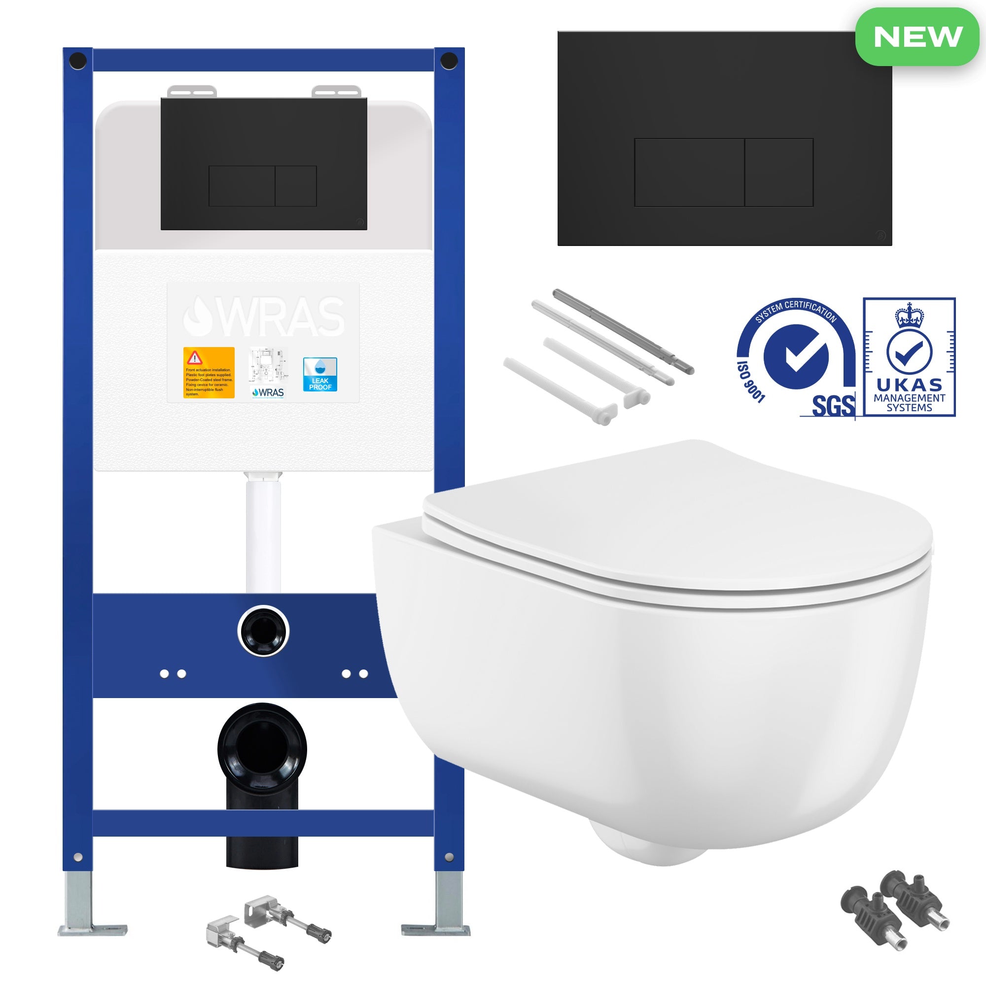 Rimless Wall Hung Toilet Pan with Concealed Cistern Fame - Matt Black Flush Plate