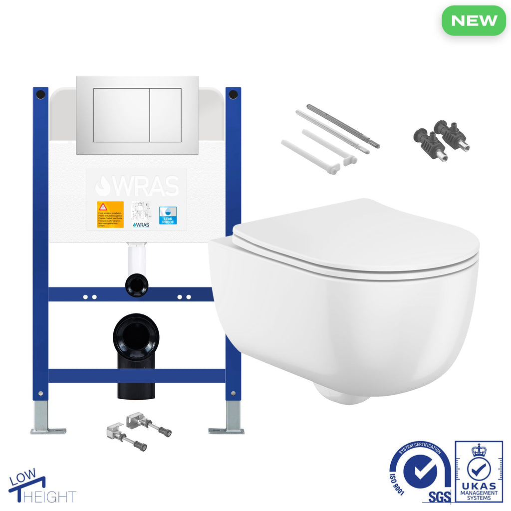Bubly Bathrooms D-Shape Rimless Wall Hung Toilet & Low Height Concealed Cistern Frame Set with Polished Chrome Dual Flush Plate