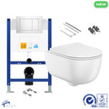 Bubly Bathrooms D-Shape Rimless Wall Hung Toilet & Low Height Concealed Cistern Frame Set with Polished Chrome Dual Flush Plate