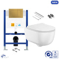 Bubly Bathrooms D-Shape Rimless Wall Hung Toilet Set with Low Height Concealed Cistern & Brushed Brass Flush Plate