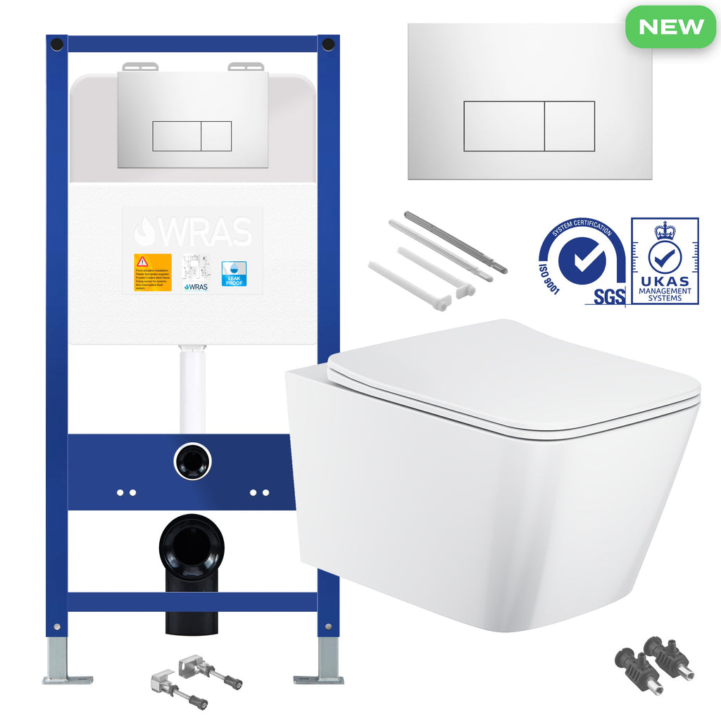 Square Rimless Wall Hung Toilet Pan with Concealed Cistern Fame - Chrome Flush Plate
