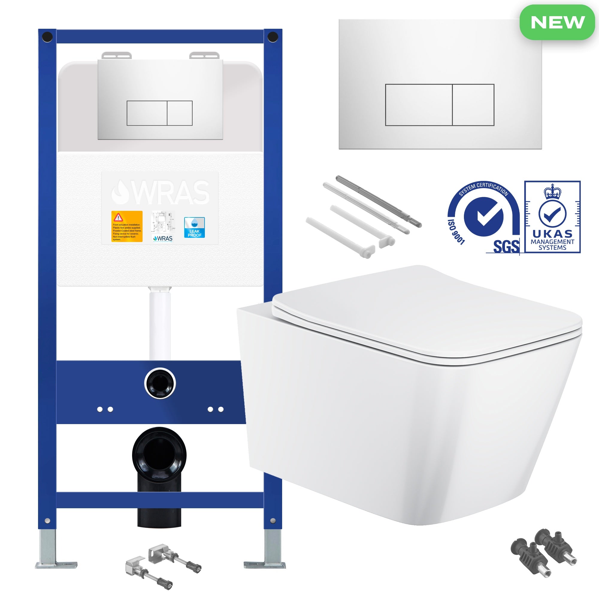Square Rimless Wall Hung Toilet Pan with Concealed Cistern Fame - Chrome Flush Plate