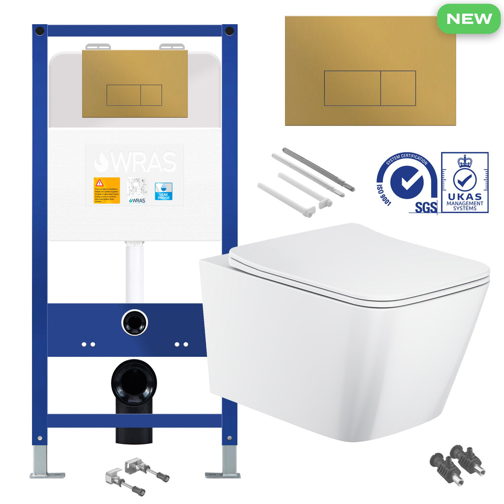 Square Rimless Wall Hung Toilet Pan with Concealed Cistern Fame - Brushed Brass Gold Flush Plate