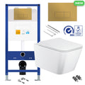 Square Rimless Wall Hung Toilet Pan with Concealed Cistern Fame - Brushed Brass Gold Flush Plate